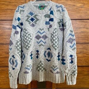 VINTAGE Boston Trader Sweater. Beige Cable Knit Wool with multi patterns. Size L